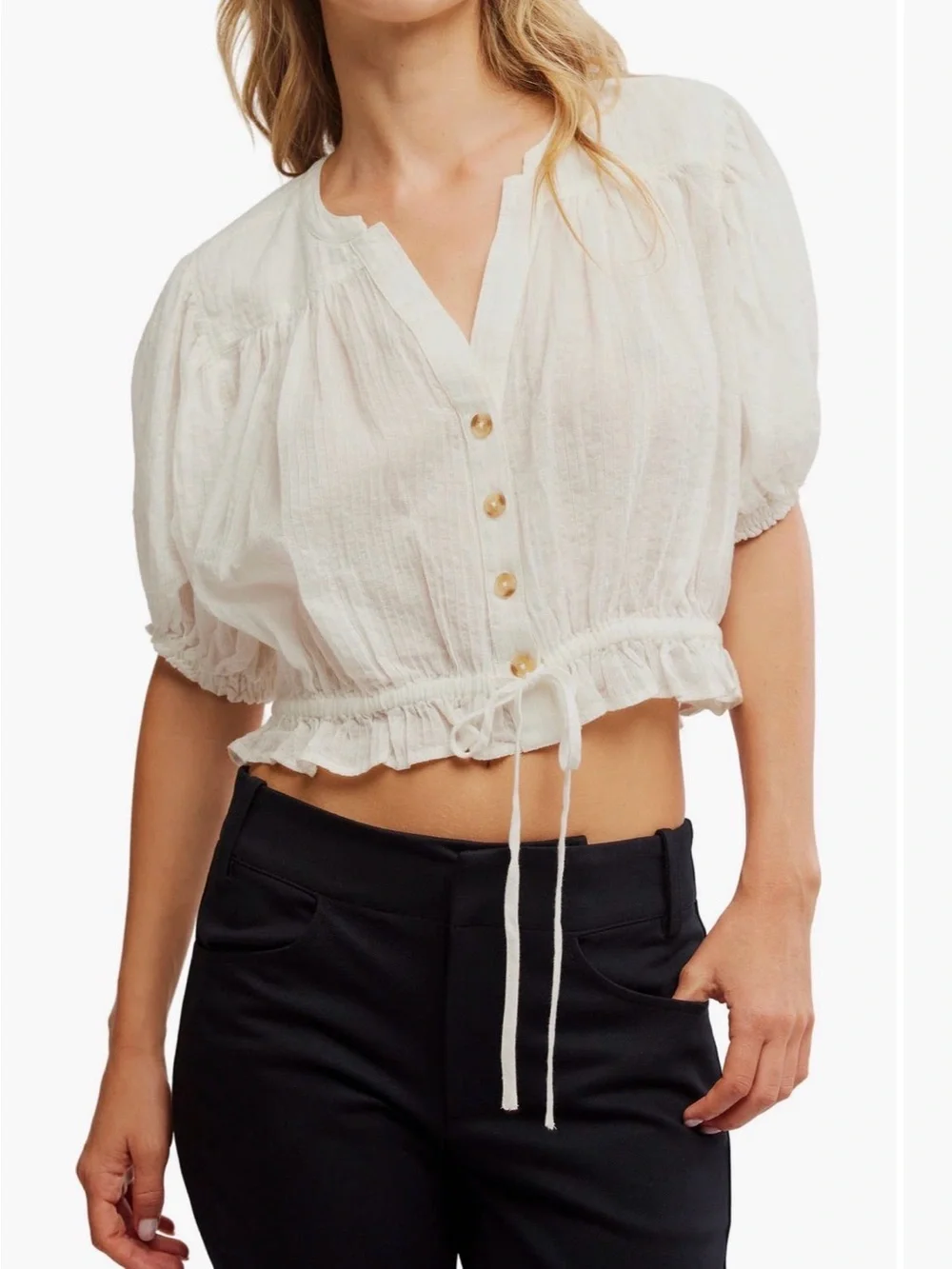 Free People Little Cloud White Cropped Button-Front Boho Top EUC